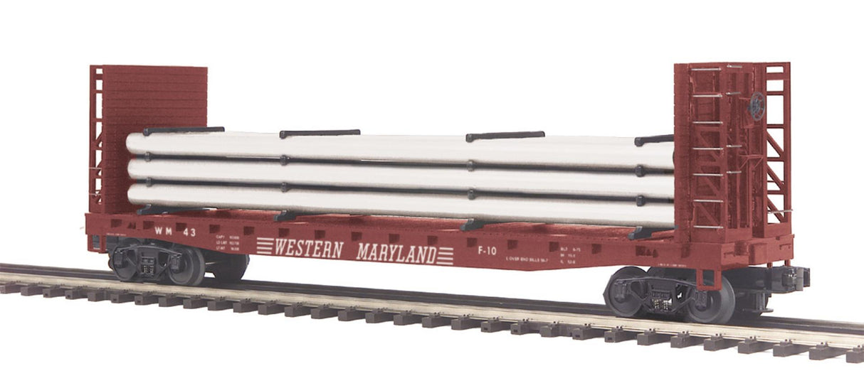 MTH 20-98372 Western Maryland O Scale Premier Flat Car - w/Bulkheads & Pipe Load