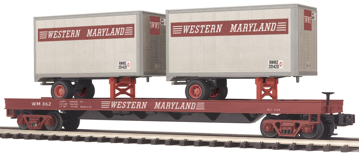 MTH 20-98414 Western Maryland O Scale Premier Flat Car w/(2) 20' Trailers