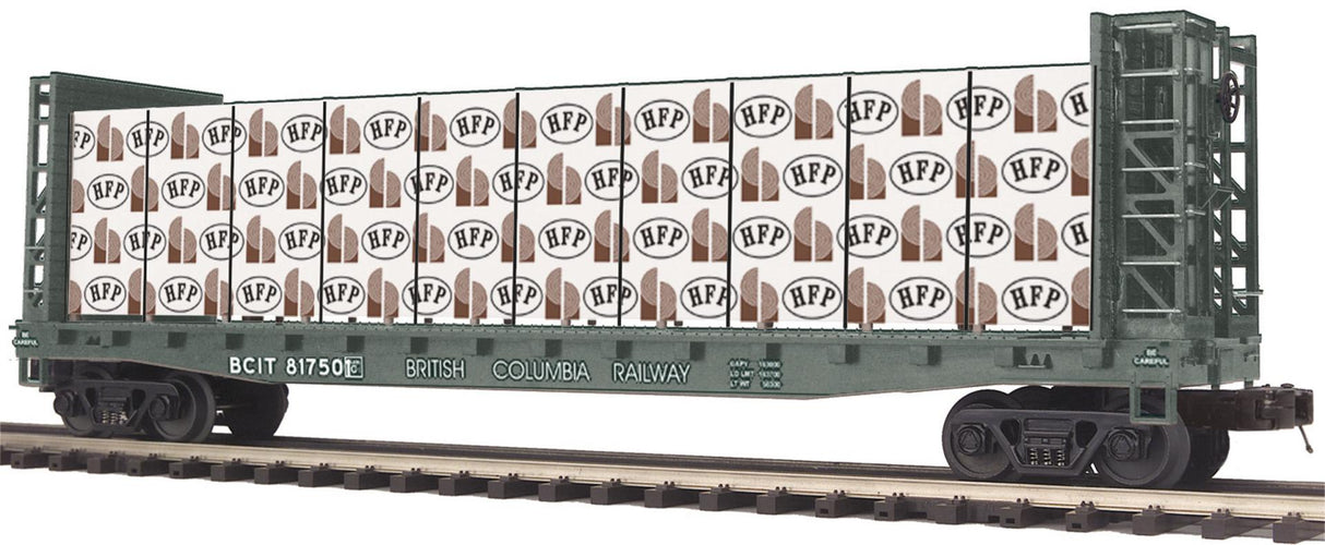 MTH 20-98660 British Columbia Railway O Scale Premier Flat Car w/Bulkheads w/Covered Wood Load