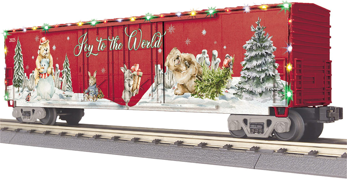 MTH 30-71247 O Gauge RailKing Christmas 50’ Double Door Plugged Boxcar with LED Lights