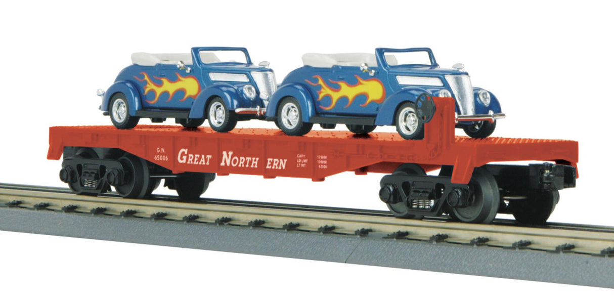 MTH 30-76197 Great Northern O Gauge RailKing Flat Car w/(2) '37 Ford V8 Convertibles