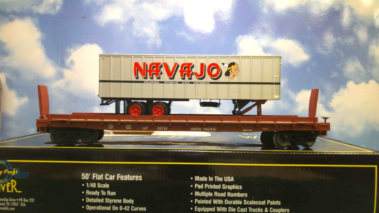 Weaver U23011LD Navajo 50' Flatcar with 35' Trailer Up (3-Rail)