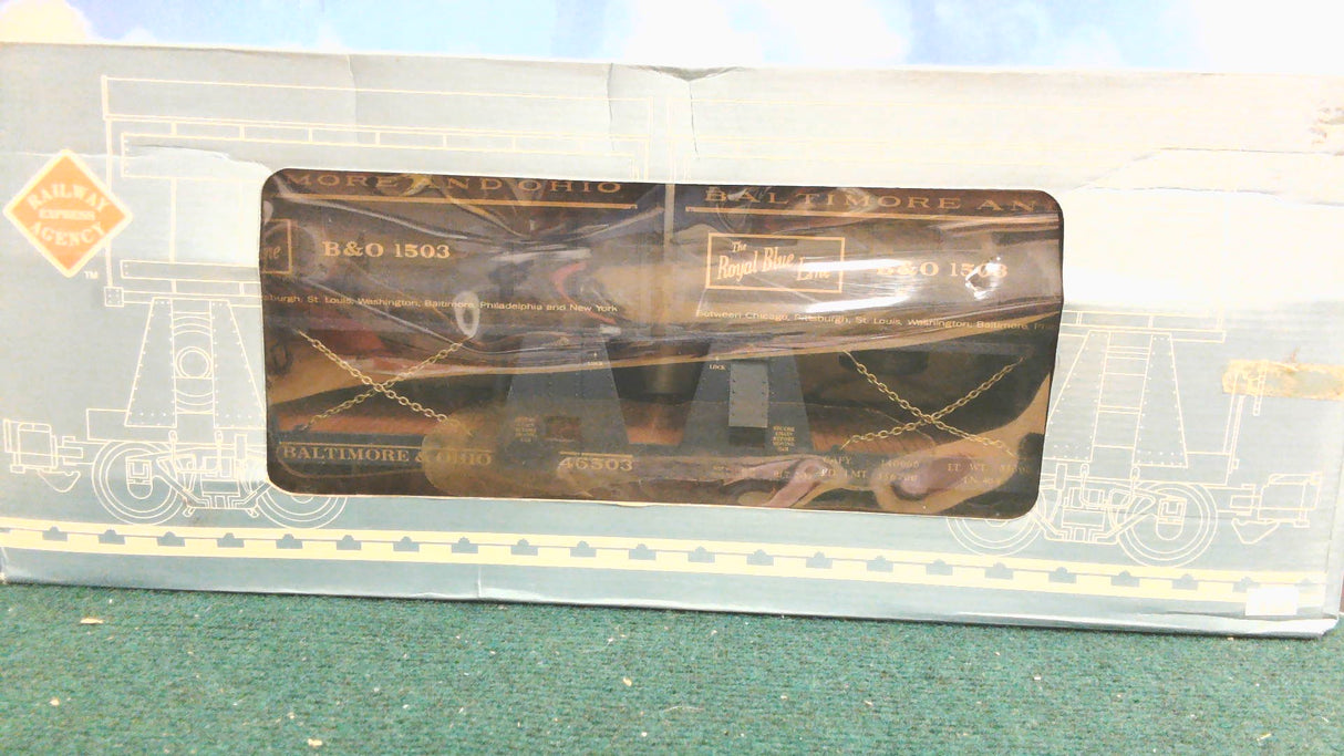 RAILWAY EXPRESS AGENCY B&O REA-46503 PIGGYBACK FLATCAR WITH TWO TRAILERS