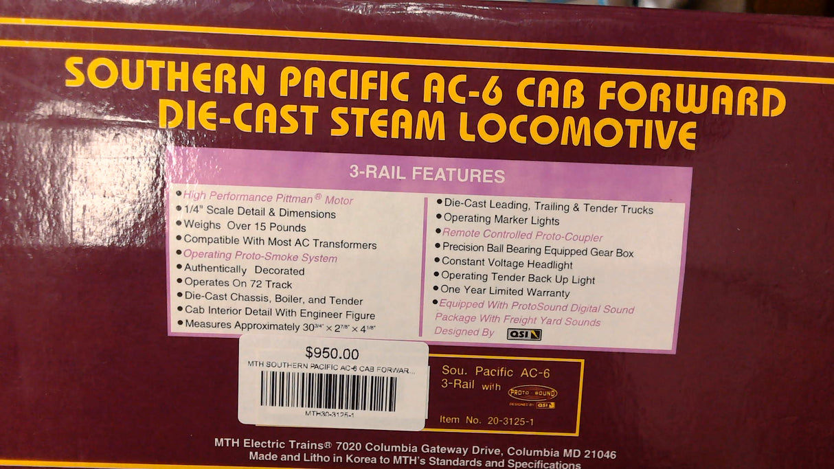 MTH 20-3125-1 PS 2 SOUTHERN PACIFIC AC-6 CAB FORWARD DIE-CAST STEAM LOCOMOTIVE