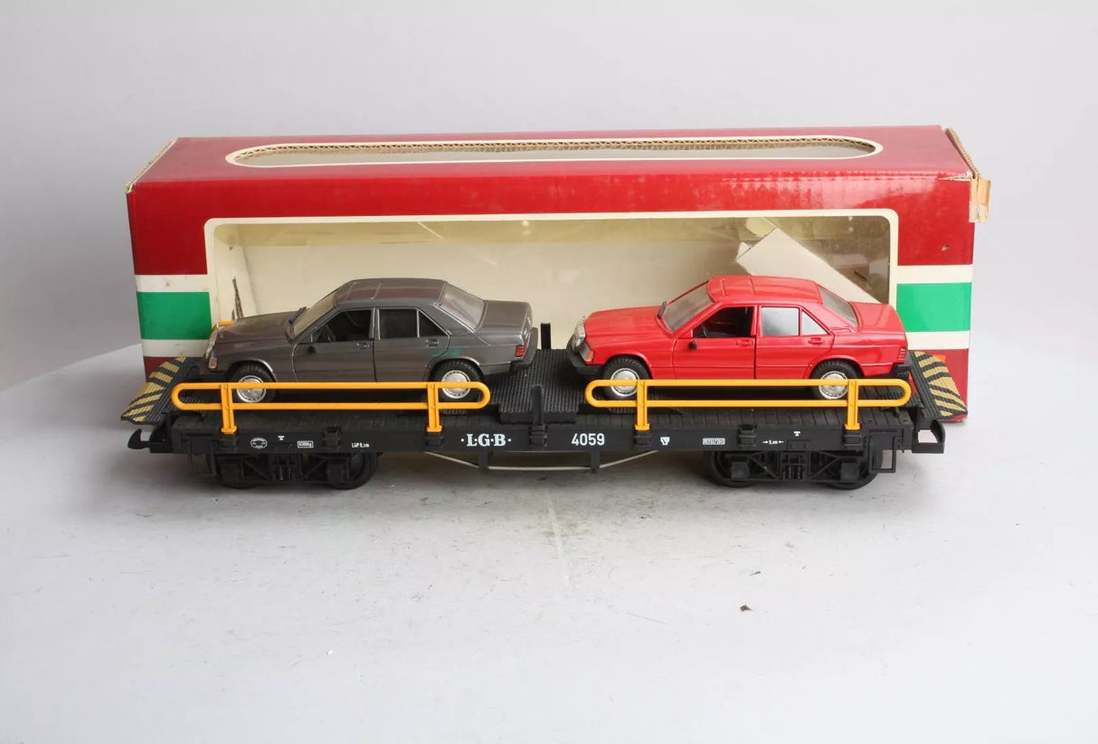LGB G Scale 4059 Flat Car With 2 MERCEDES 190e Cars