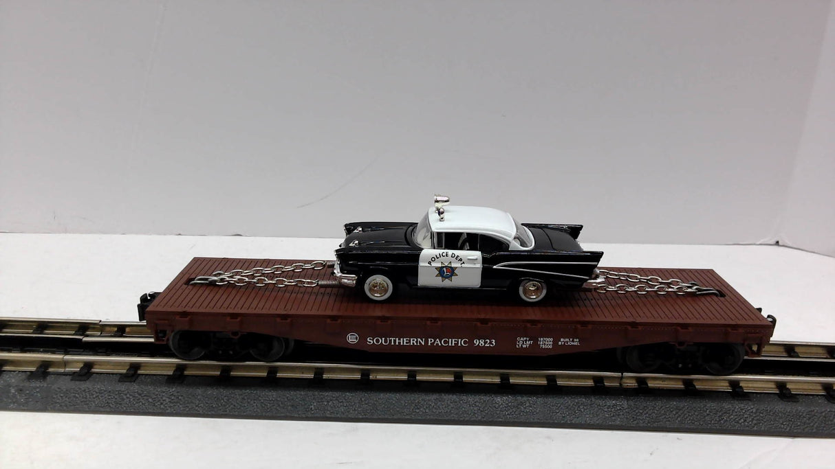 Lionel 6-26906 Southern Pacific Flatcar with Corgi Die-cast '57 Chevy Police Car