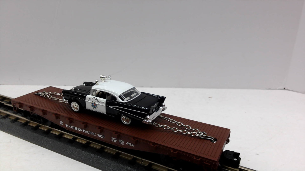 Lionel 6-26906 Southern Pacific Flatcar with Corgi Die-cast '57 Chevy Police Car
