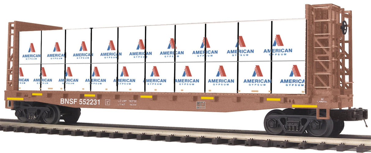 MTH 20-98659 BNSF O Scale Premier Flat Car w/Bulkheads w/Covered Wood Load