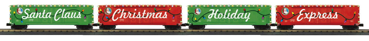 MTH 30-70170 O Gauge RailKing Christmas 4-Car 50’ Double Door Plugged Boxcar Set With LED Lights Set