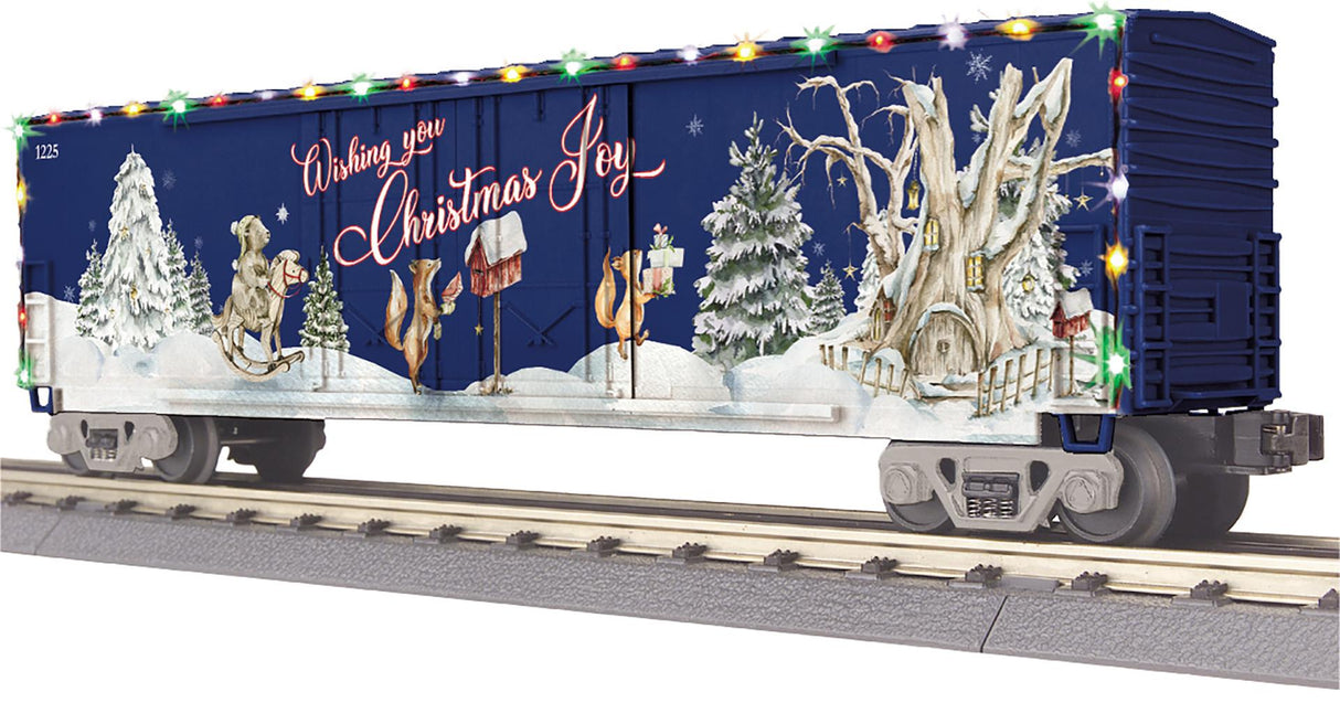 MTH 30-71248 O Gauge RailKing Christmas 50’ Double Door Plugged Boxcar with LED Lights
