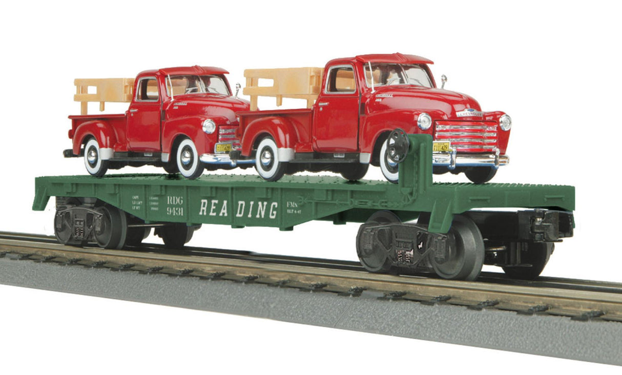 MTH 30-76177 Reading RailKing Flat Car w/(2) Red 3100 Pickup w/Stake Bed