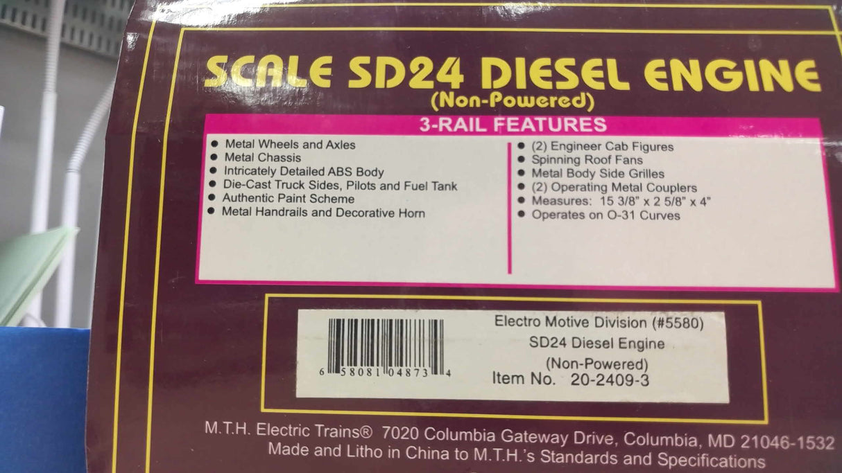 MTH  Electro Motive Division O Scale Premier SD24 Diesel Engine (Non-Powered)