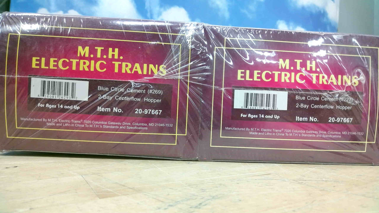 MTH 20-97667 Blue Circle Cement O Scale Premier 2-Bay Centerflow Hopper 2 Pack New in Box