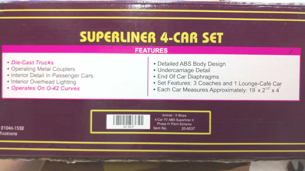 MTH 20-6537 4-Car Amtrak Phase IV 70' Superliner II Set
