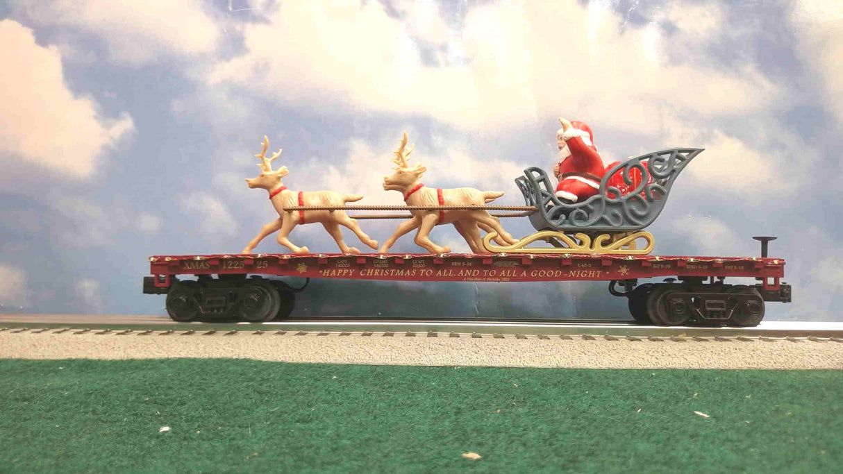 MTH RailKing 30-76946 North Pole Flatcar w/LED Lights, Santa Sleigh & Reindeer (Maroon)