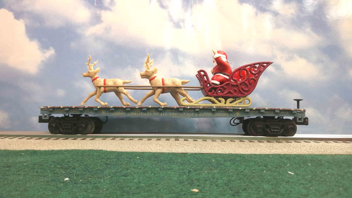 MTH RailKing 30-76945 North Pole Flatcar w/LED Lights, Santa Sleigh & Reindeer (Blue)