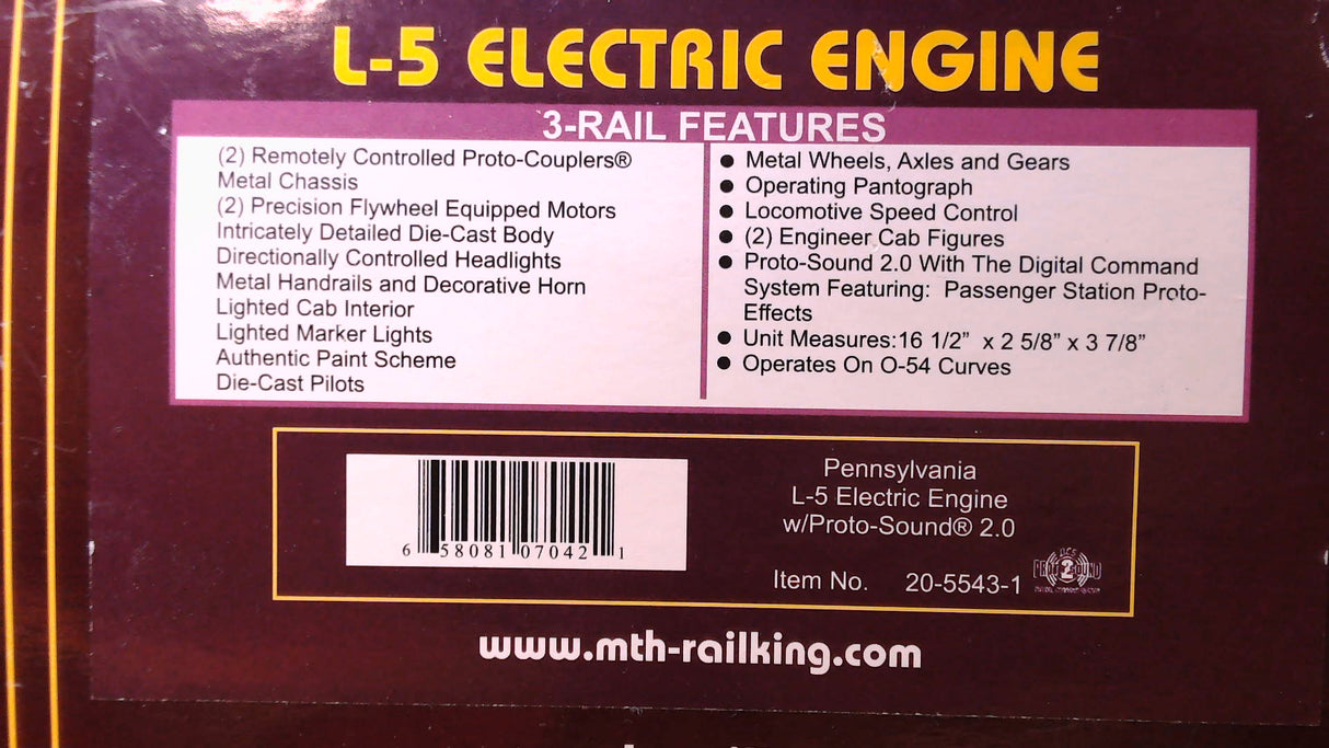 MTH 20-5543-1 Pennsylvania Railroad L-5 Electric w/PS-2