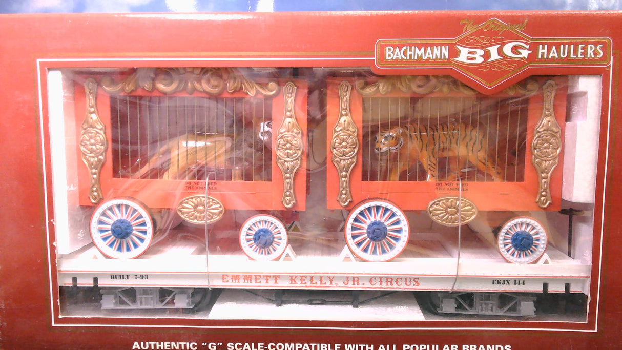 BACHMANN BIG HAULERS #98371 G-GAUGE FLATCAR WITH 2 CAGES LION & TIGER